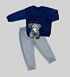 1-2-3 Yaş Filli Sallanan Ayak Desenli Likra Penye Kumaş Sweat Pantolonlu Kız Erkek 2li Çocuk Takımı Lacivert