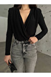 Siyah Kruvaze Yaka Vatkalı Bodysuit