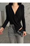 Siyah Kruvaze Yaka Vatkalı Bodysuit