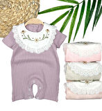 3-6-9-12 Ay Bebe Yaka Çiçek Nakışlı Pamuklu Petek Penye Yazlık Kız Bebek Tulumu