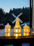 Yeldeğirmeni Ve 2 Evli Dekoratif Işıklı 3lü Set Tealight Ev Mumluk Ev Dekoru Yılbaşı Süsleri