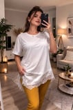 Asimetrik Kesim Oversize Bluz Saten ve Dantel Kombinli