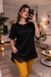 Asimetrik Kesim Oversize Bluz Saten ve Dantel Kombinli