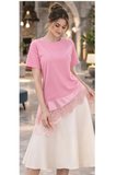Pembe Oversize Tişört Saten Dantel Detaylı Asimetrik Bluz