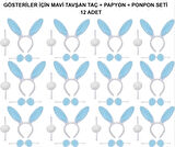 Mavi Tavşan Kostüm Seti – Taç, Papyon, Ponpon (12’li Paket)