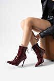 GAMZY Kadın Bordo Rugan Bağcıklı İnce Topuklu Bot