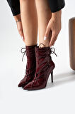 GAMZY Kadın Bordo Rugan Bağcıklı İnce Topuklu Bot
