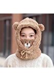 Kahverengi Renk Ayıcık Detaylı Peluş Bere Ayıcıklı Şapka Çocuk Bere Sevimli Şapka Ayıcık