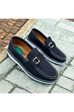 Lacivert Deri Loafer Ayakkabı Metal Tokalı Beyaz Dikiş Detaylı Konforlu Casual Ayakkabı LACİVERT / 45