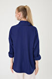 Tek Cepli Oversize Keten Gömlek- Lacivert