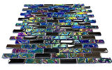 Mutfak tezgah arası, Havuz, Banyo, Sauna, Spa, iç ve dış kaplama ve dekorasyon uygulamalarında tüm yüzeyler için, 15x48mm. Lüster Black-Lüster Blue Mix. 30x30cm. Fileli Kristal Cam Mozaik.