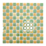 Mutfak tezgah arası, Havuz, Banyo, Sauna, Spa, iç , dış, zemin, duvar, kaplama ve dekorasyon uygulamalarında tüm yüzeyler için, 25x25mm. Mint Yeşili-P.Sarı Damalı,  31.5x31.5cm. Fileli Cam Mozaik.