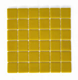 Mutfak tezgah arası, Havuz, Banyo, Sauna, Spa, iç , dış, zemin, duvar, kaplama ve dekorasyon uygulamalarında tüm yüzeyler için, 50x50mm. Canlı Sarı,  31.5x31.5cm. Fileli Cam Mozaik.