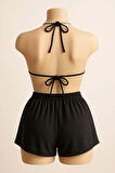 Kadın Siyah Şortlu Belden ve Boyundan Bağlamalı Bikini Takımı