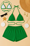 Kadın Yeşil Şortlu Belden ve Boyundan Bağlamalı Bikini Takımı