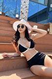 Kadın Siyah Beyaz Kaşkorse Yüksek Bel Bikini Takımı