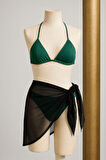 Kadın Yeşil Siyah Pareolu Yandan ve Boyundan Bağlamalı 3'lü Bikini Takımı