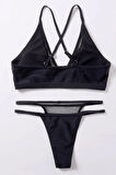 Kadın Siyah File Detaylı Özel Bikini Takımı