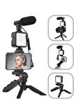 Tripod Telefon Tutucu Kumandalı Mikrofon Led Işık Vlog Video Kayıt