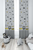 MEKTA HOME BEBEK VE ÇOCUK ODASI Sevimli 3'lü Ayı ve Yol Desenli Gri 2 Kanat Fon Perde