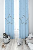 MEKTA HOME BEBEK VE ÇOCUK ODASI Büyük Gri Yıldız Desenli Mavi 2 Kanat Fon Perde