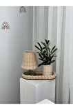 4'lü Rattan Set Kablosuz Masa Lambası - Eskitme Gold, Düzenleyici, Mini Vazo, Zeytin Dalı