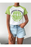 Kadın Kısa Kol Puf Print Slogan Baskılı Neon Yeşil Renk Tişört