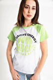 Kadın Kısa Kol Puf Print Slogan Baskılı Neon Yeşil Renk Tişört