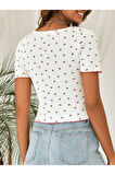 Kadın Kiraz Cherry Baskılı U Yaka Fitted Kısa Kollu Crop Tişört