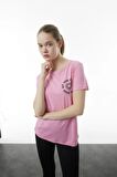 Pembe Kısa Kollu Basic Baskılı Sweatshirt