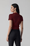 Kadın Bordo Polo Yaka Fitilli Kaşkorse Kısa Kollu Tişört