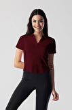 Kadın Bordo Polo Yaka Fitilli Kaşkorse Kısa Kollu Tişört