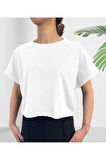 Crop Bisiklet Yaka Beyaz Pamuklu T-shirt Sportwear