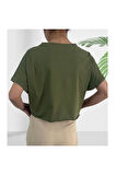 Crop Bisiklet Yaka Haki Yeşili Pamuklu T-shirt Sportwear