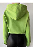 CROP KAPŞONLU 3 İPLİK NEON YEŞİL ŞARDONLU SWEATSHIRT