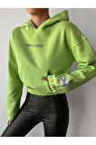 CROP KAPŞONLU 3 İPLİK NEON YEŞİL ŞARDONLU SWEATSHIRT