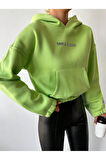 CROP KAPŞONLU 3 İPLİK NEON YEŞİL ŞARDONLU SWEATSHIRT