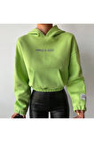CROP KAPŞONLU 3 İPLİK NEON YEŞİL ŞARDONLU SWEATSHIRT