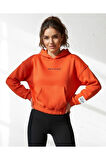 Crop Kapşonlu 3 Iplik Turuncu Şardonlu Sweatshırt