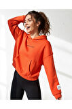 Crop Kapşonlu 3 Iplik Turuncu Şardonlu Sweatshırt
