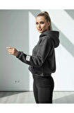 Antrasit Crop Kapüşonlu 3 İplik Şardonlu Kanguru Cepli Sweatshirt