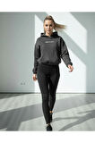Antrasit Crop Kapüşonlu 3 İplik Şardonlu Kanguru Cepli Sweatshirt