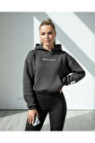 Antrasit Crop Kapüşonlu 3 İplik Şardonlu Kanguru Cepli Sweatshirt