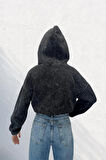 Yıkamalı Crop Kapüşonlu 3 İplik Şardonlu Kanguru Cepli Sweatshirt