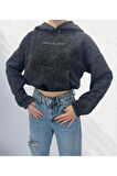 Yıkamalı Crop Kapüşonlu 3 İplik Şardonlu Kanguru Cepli Sweatshirt