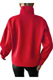 Kadın Kırmızı Polo Diik Yaka Yarım Fermuarlı Oversize 3 Iplik Şardonlu Sweatshirt
