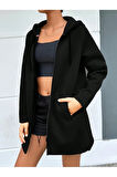 SİYAH KAPŞONLU FERMUARLI UZUN KALIN OVERSIZE ÖRME HIRKA SWEATSHIRT