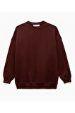 Bordo Kadın Polarlı Sıcak Tutan Örme 3 Iplik Pamuk Basic Sweatshirt