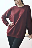Bordo Kadın Polarlı Sıcak Tutan Örme 3 Iplik Pamuk Basic Sweatshirt