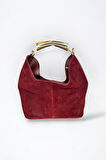 Süet Hobo Çanta, Bordo Renk, Altın Rengi Metal Detaylı, Leopar Desenli İç Astar